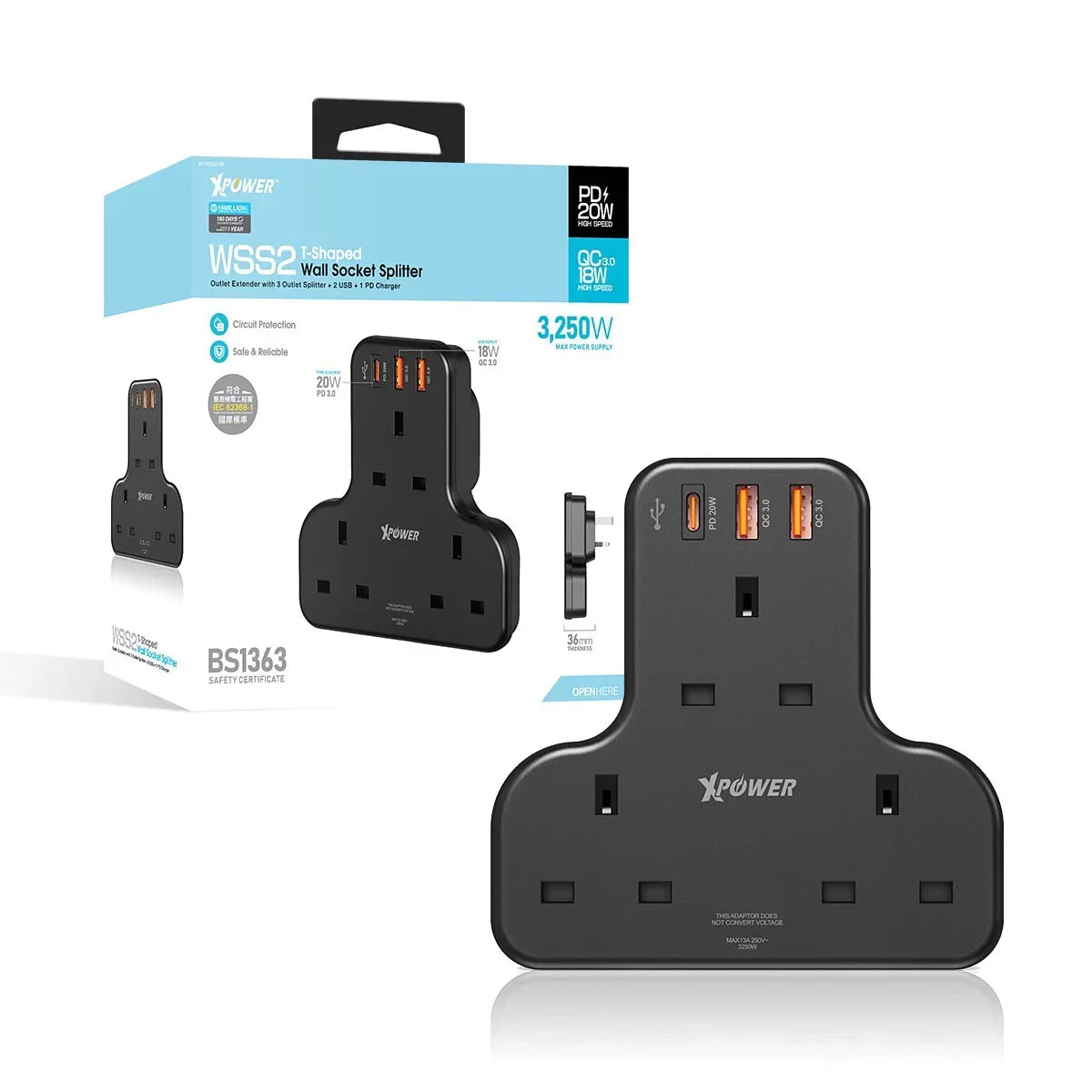 XPower 20W 3 Outlet T-Shaped Extension Socket - Black - Tashqila XPower 20W 3 Outlet T-Shaped Extension Socket - Black - Tashqila